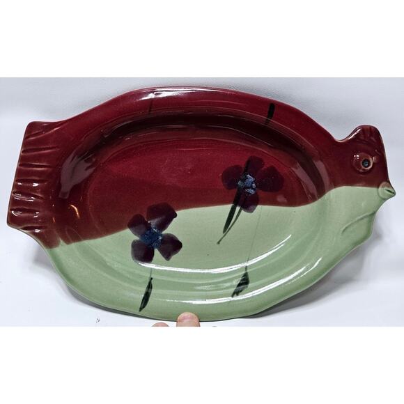 Kent Follette Pottery Chicken Serving Dish Tray Signed Cranberry/Green EUC - Picture 9 of 9